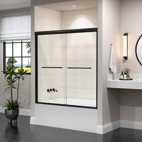56 in. - 60 in. W x 60 in. H Double Sliding Semi-Frameless Tub Door in Matte Black with Clear Glass