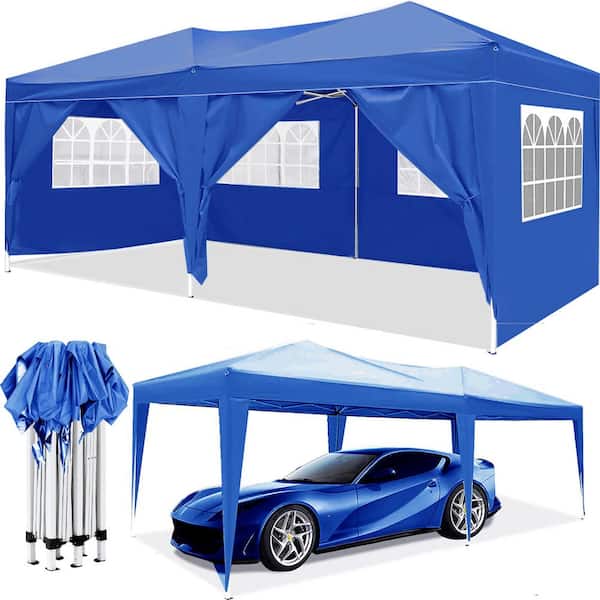 ToolCat 10 ft. x 20 ft. Pop Up Canopy Outdoor Portable Garage Party Folding Tent with 6 Removable Sidewalls + Carry Bag, Blue