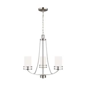 Robie 3-Light Brushed Nickel Craftsman Modern Transitional Hanging Empire Chandelier with Etched White Glass Shades