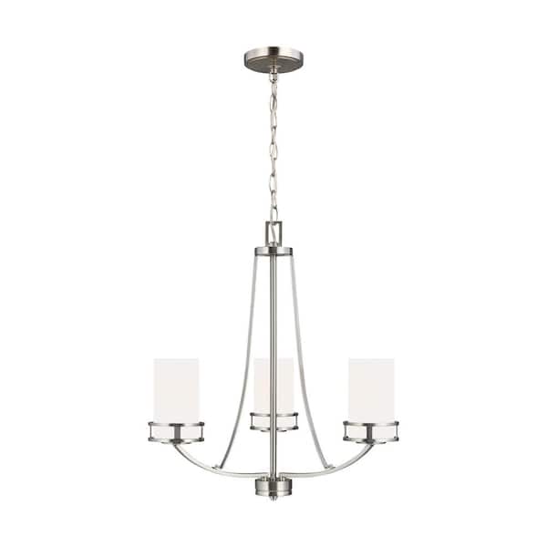 Generation Lighting Robie 3-Light Brushed Nickel Craftsman Modern Transitional Hanging Empire Chandelier with Etched White Glass Shades