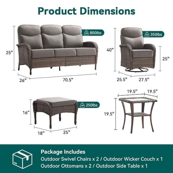 Moonridge 6-Piece Brown Wicker Patio Conversation Set with 6 in. Olefin Gray Cushions/Patio Swivel Chair with Sofa