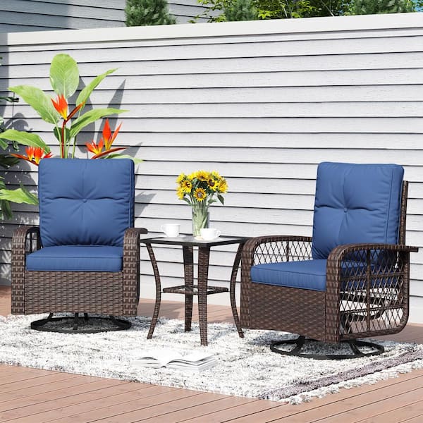 SUNMTHINK Outdoor 3-Piece Wicker Swivel Rocking Chairs Patio Conversation Sets with Blue Cushions and Coffee Table