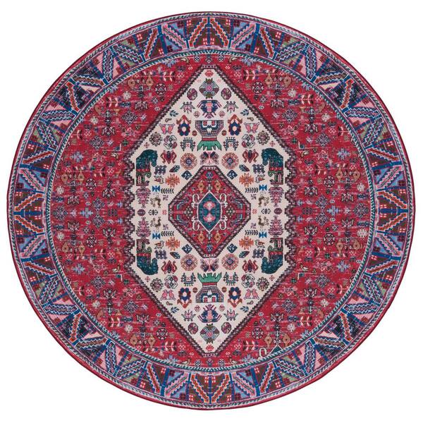 SAFAVIEH Tucson Beige/Rust 6 ft. x 6 ft. Machine Washable Border Floral Medallion Round Area Rug