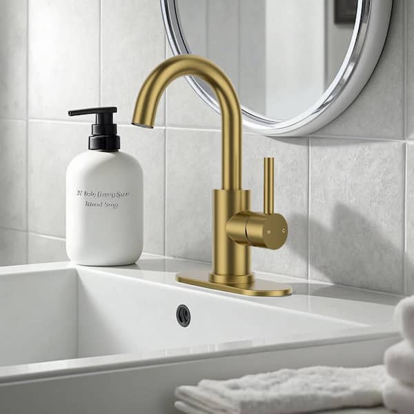 Single Hole Single-Handle Bathroom Faucet with Drain with 360° Swivel Spout Bathroom Faucet in Gold