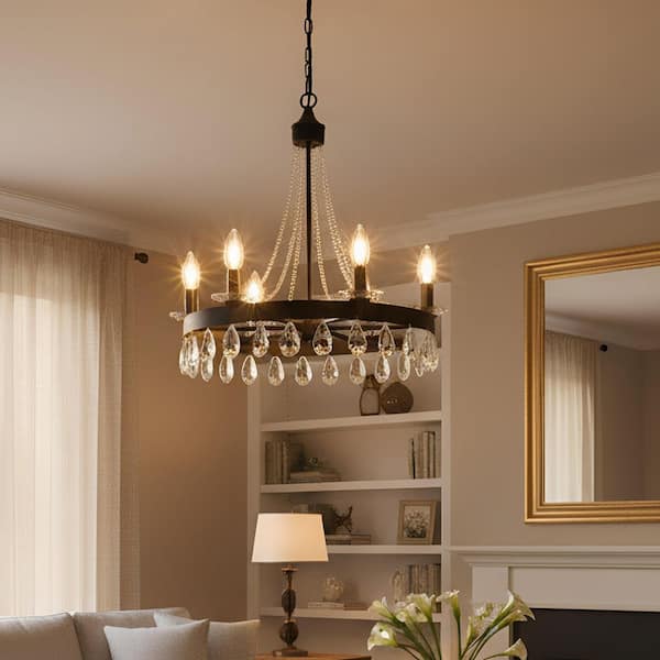 YANSUN 6-Light Black Chandelier with Crystal Bead Hanging Ceiling