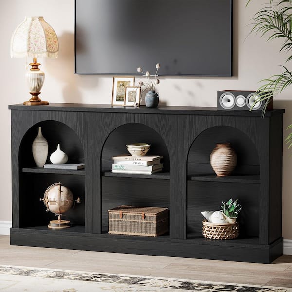 Benjamin 63 in. Long Black Rectangle MDF Console Table with Storage, Modern Entryway Table Sofa Table Behind Couch
