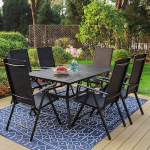 Black 7-Piece Metal Patio Outdoor Dining Set with Slat Table and Folding Reclining Sling Chairs