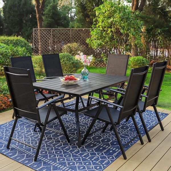 PHI VILLA Black 7-Piece Metal Patio Outdoor Dining Set with Slat Table and Folding Reclining Sling Chairs