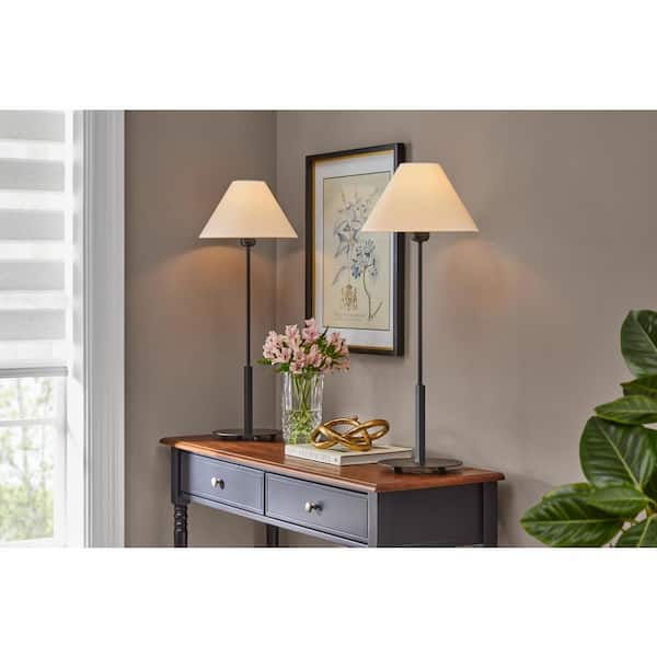 Hampton Bay Ashburn 31 in. Matte Black Table Lamp with White Fabric Shade (Set of 2)
