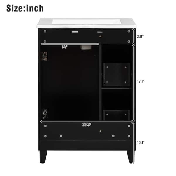24 in. W Freestanding Bath Vanity with White Ceramic sink, 2 Drawers and 1 Door in Black