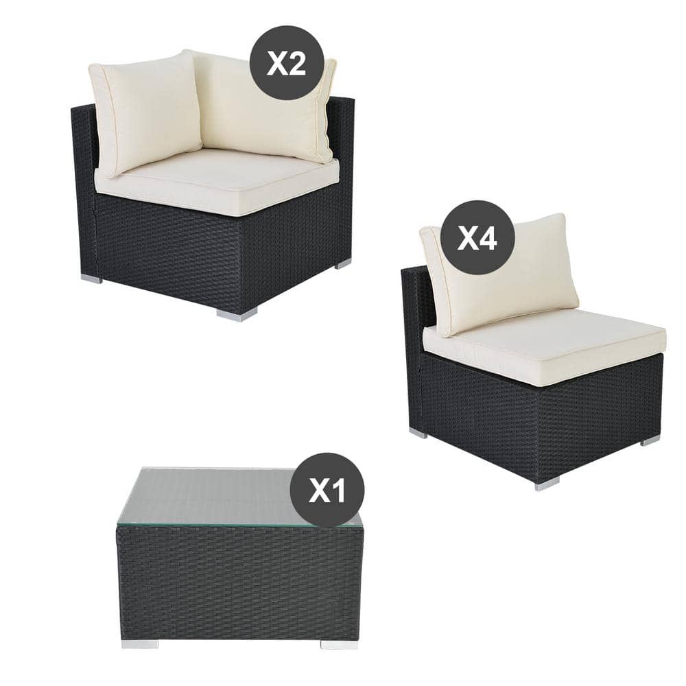 Black 7-Piece Wicker Outdoor Sectional Set Patio Woven Rattan Sofa Set with
