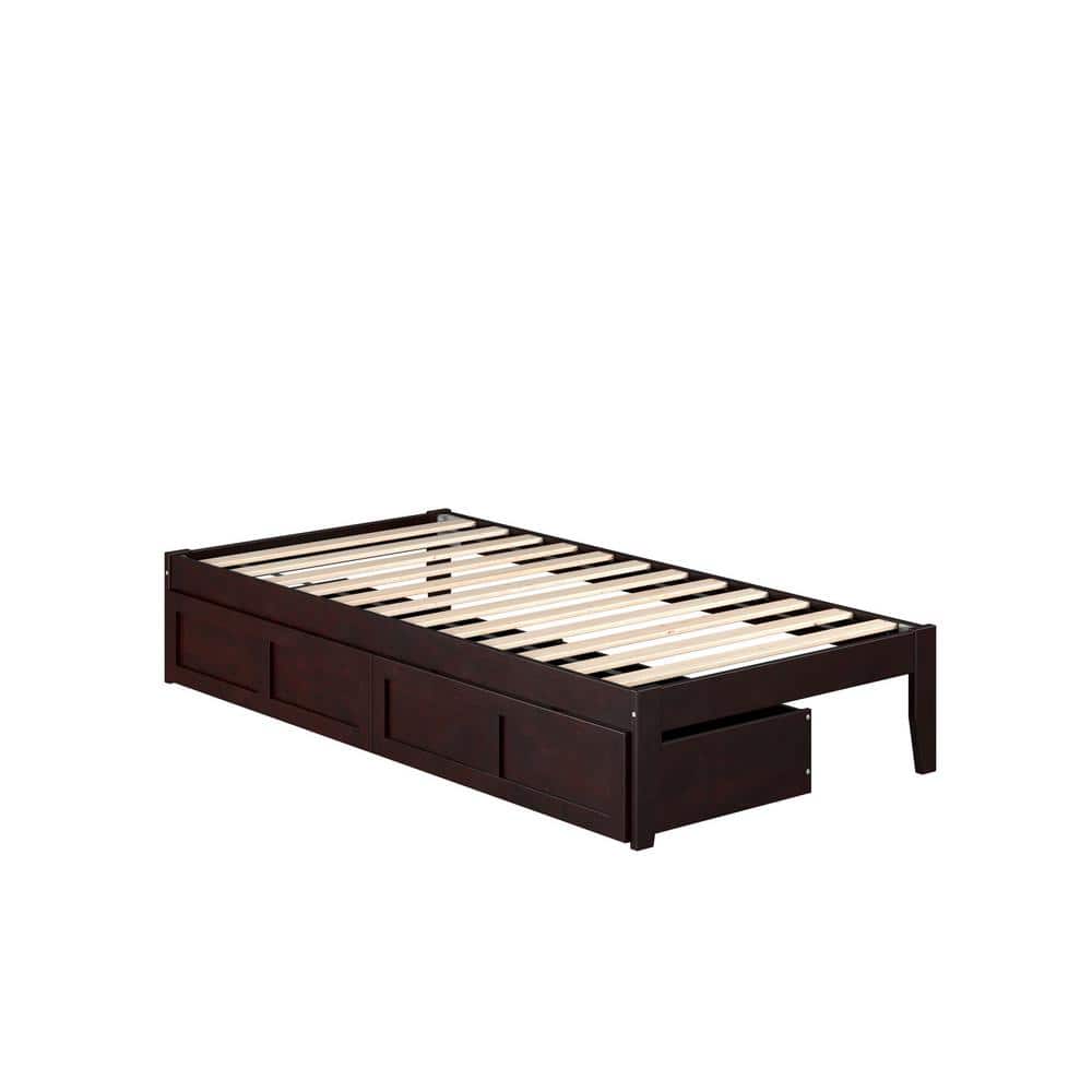 Espresso Twin Wood Platform Bed with 2 Storage Drawers