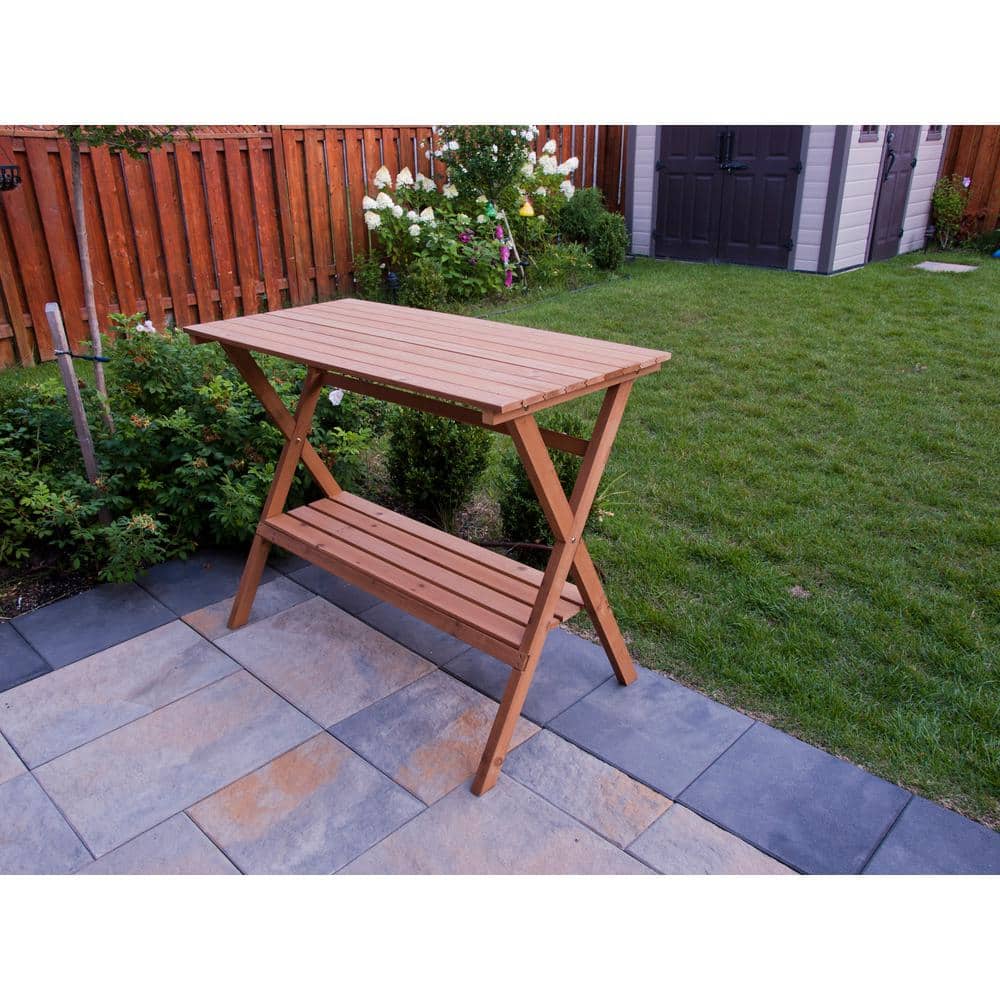 Natural Hemlock Wood Outdoor Potting Bench with Storage Shelf