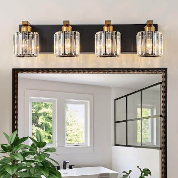 24.41 in. 4 Lights Black and Gold Modern/Contemporary Cylinder Clear Crystal Shade Bathroom Vanity Light