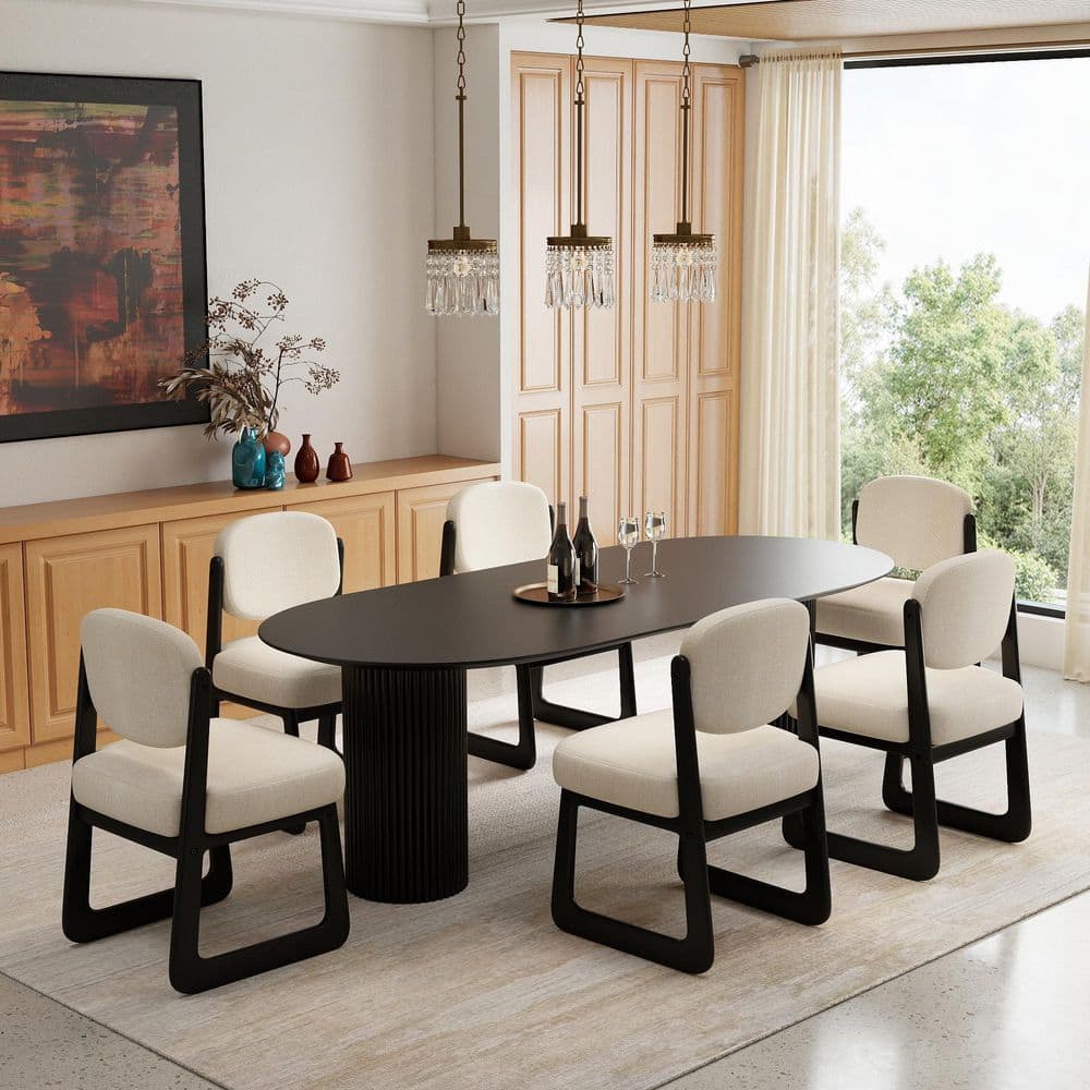 Set of 6 Modern Beige Linen Upholstered Dining Chair with Walnut Finish Wood Legs for Dining Room and Kitchen