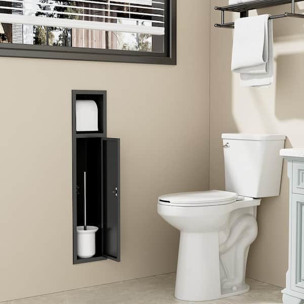 6 in. W x 25 in. H x 5.5 in. D Recessed Toilet Brush Holder with Cabinet, Shower Niche Toilet Paper Holder in Black