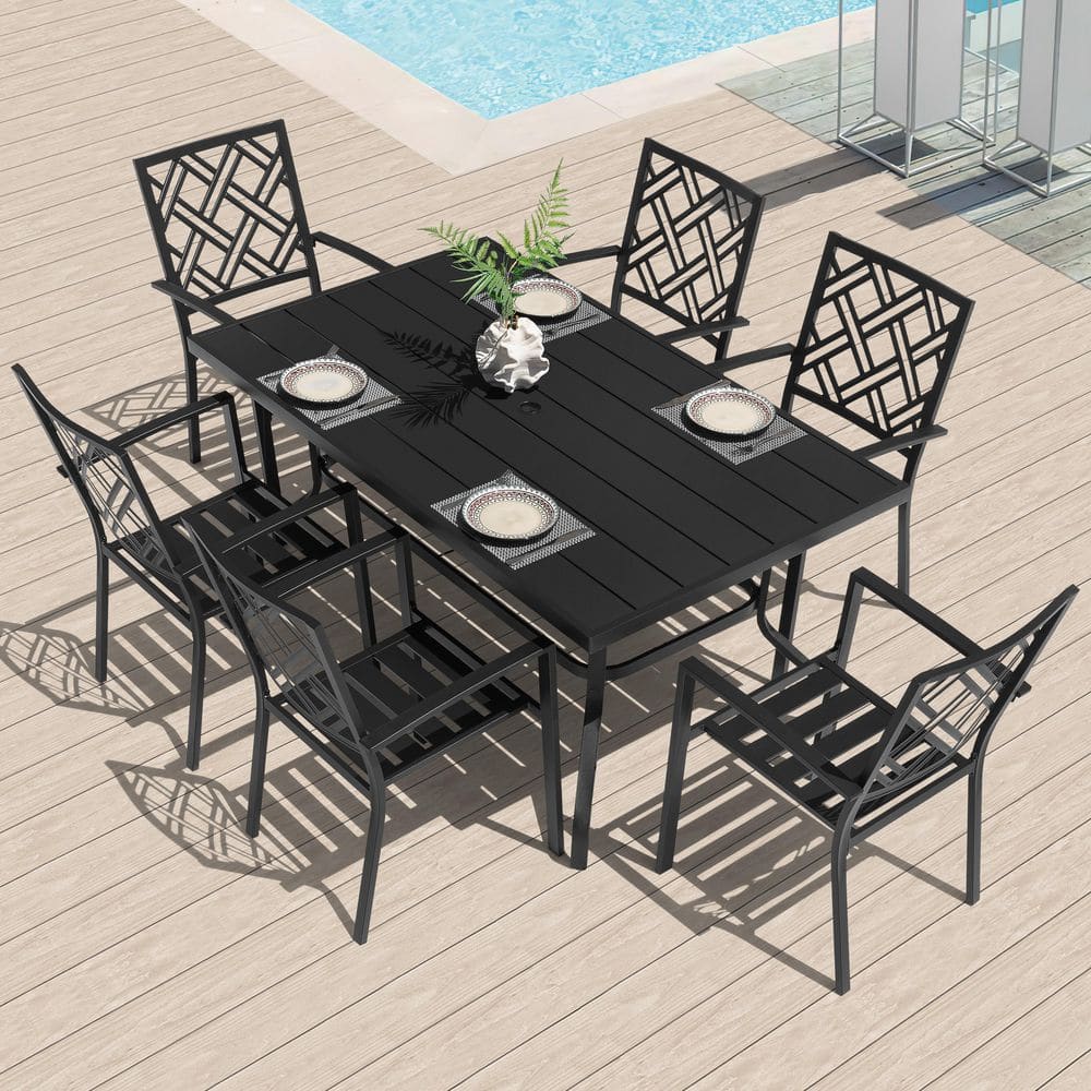 Black 7-Piece Metal Rectangle Outdoor Dining Set with Umbrella Hole and 6 Stackable Patio Dining Chairs, Slatted Design price history on PriceWatchPro
