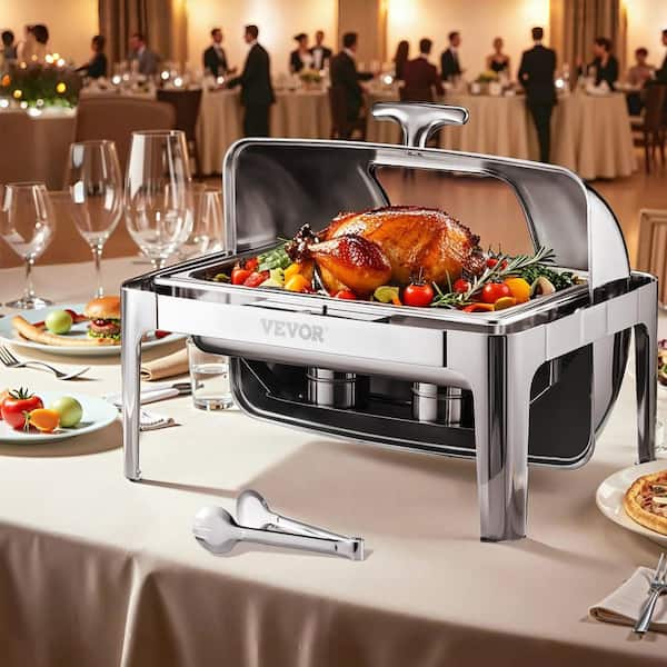 VEVOR Roll Top Chafing Dish Buffet Complete Set, 4 qt. 1-Pack Stainless Steel Chafer with 2-Half Size Pans