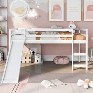 Wood Twin Loft Bed with Slide, Low Loft Bed Frame with Guard Rail and Ladder, No Box Spring Needed, White
