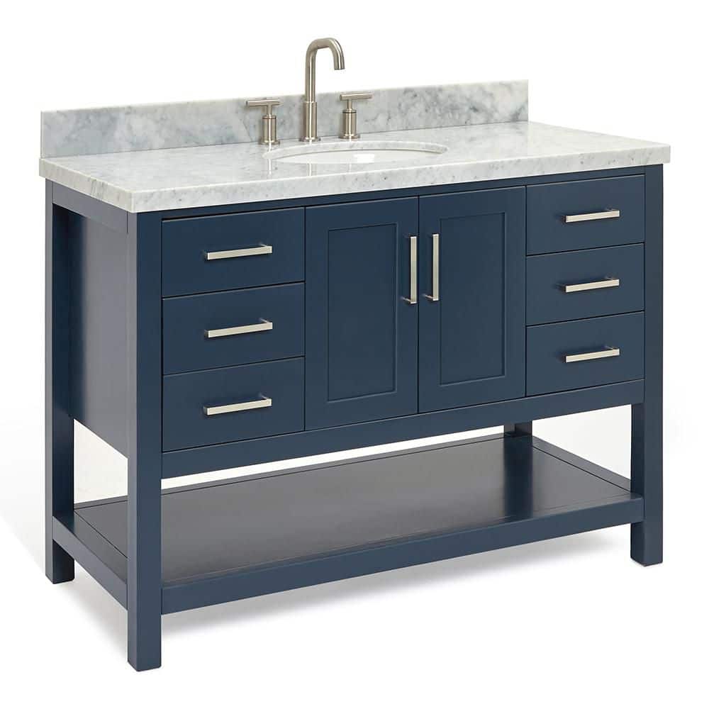 Midnight Blue Solid Wood Bath Vanity with White Marble Top