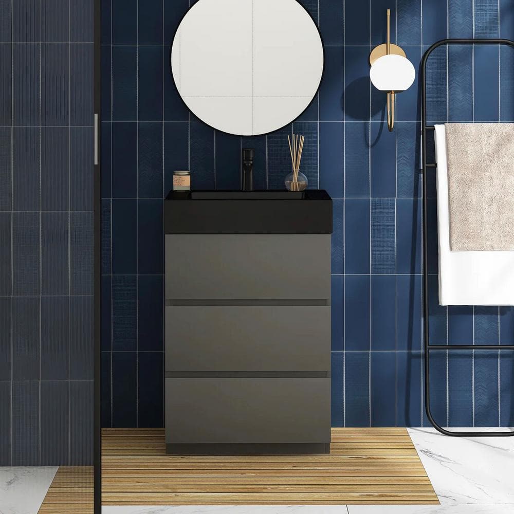 23.9 in. W 18.1 in. D 37.0 in. H Single Sink Freestanding Bath Vanity in Gray with Black Rinse Top -  Boosicavelly, BOAlice-F24SGB