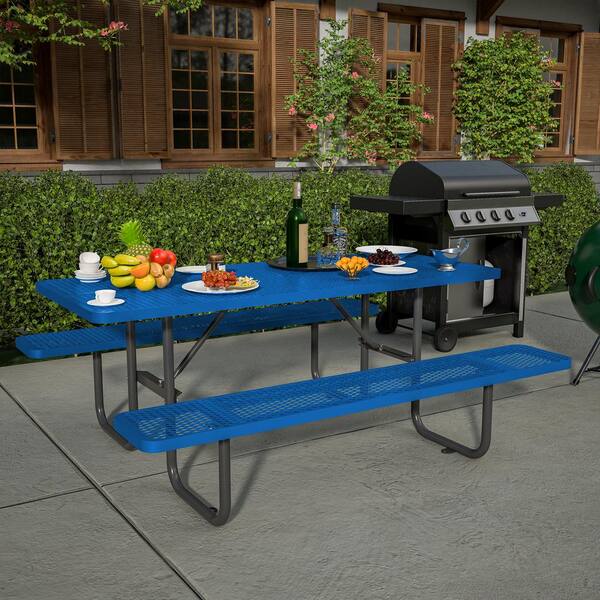 Thanaddo 72.2 in. Blue Rectangle Outdoor Metal Picnic Table
