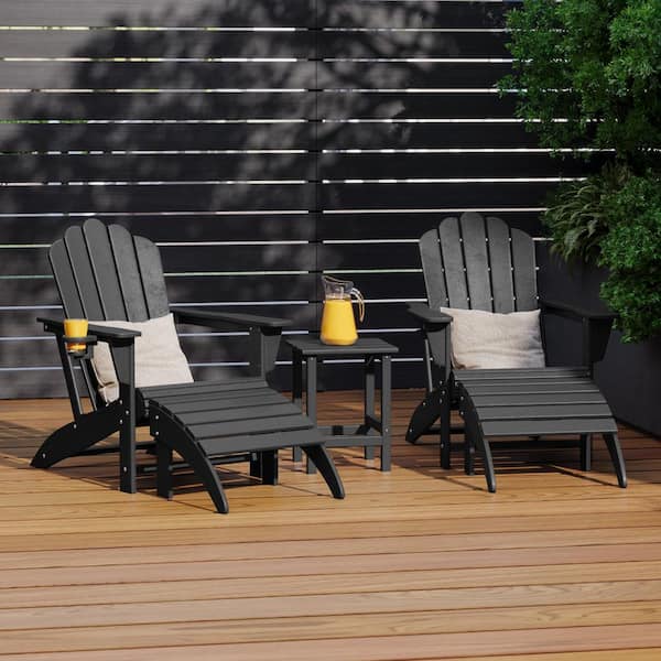 Aderson Black 5-Piece Outdoor Plastic Adirondack Chairs w/ Cupholders, Side Table, Ottoman Patio Conversation Set