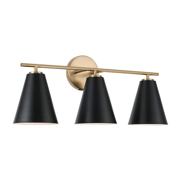 Unbranded Charlie 24 in. W x 10 in. H 3-Light Vanity Light in Matte Brass and Black