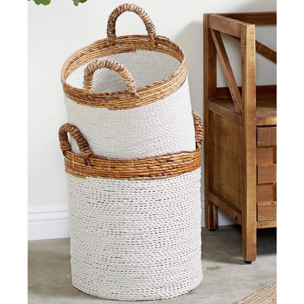 Handwoven White and Natural Seagrass Round Storage Baskets, Set of 3