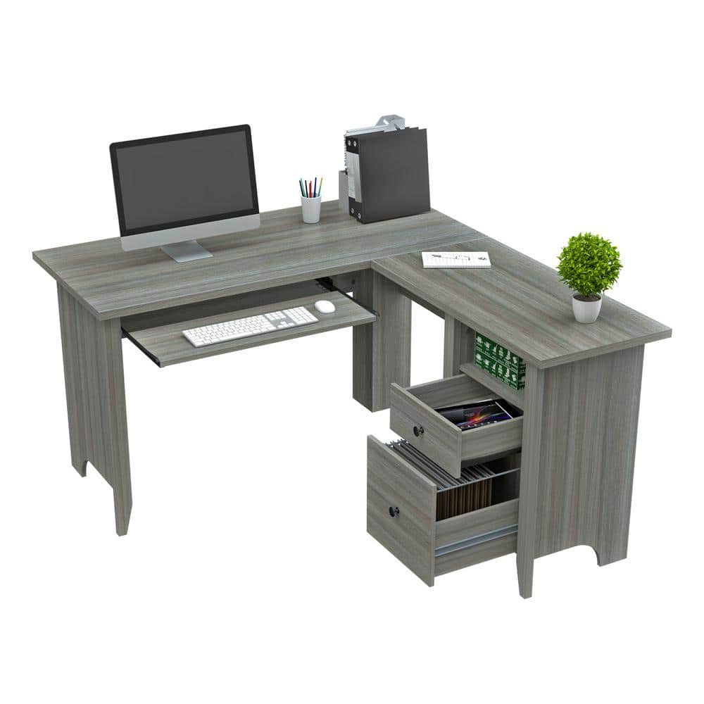 Luxe Gray Smoke Oak L-Shaped Computer Desk with Storage