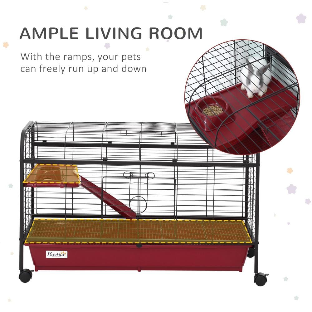 PawHut Red and Black Small Animal Cage with Ramp and Feeder