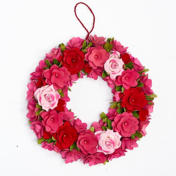 Unbranded 16 in. Artificial Pink Wood Curl Wreath with Roses