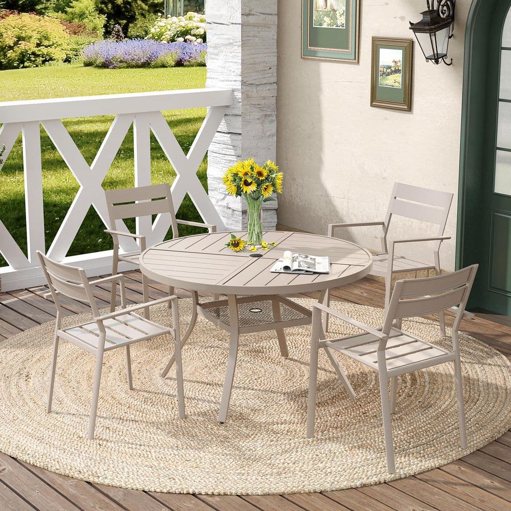 5-Piece Metal Outdoor Patio Dining Set with 40.6 in. Sandshell Round Slatted Table and 4 Sandshell Stackable Chairs price history on PriceWatchPro