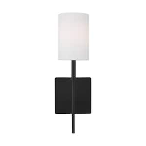 Foxdale 1-Light Midnight Black Wall Sconce with LED Bulb and White Linen Fabric Shade