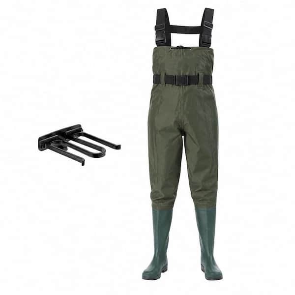 M10 / W12 2-Ply Nylon PVC Waterproof Insulated Chest Waders, Fishing Waders with Integrated Boots, Green (1-Pack)