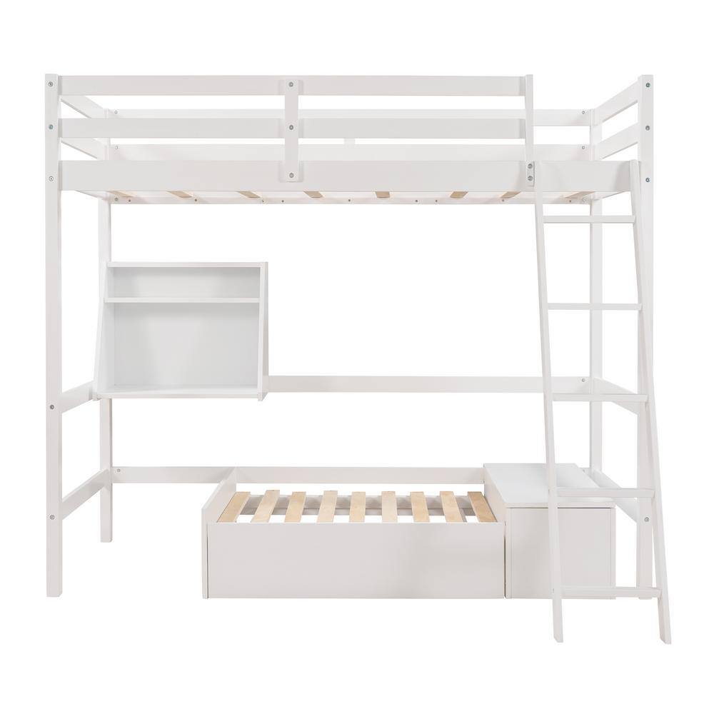 Angel Sar White Twin Size Loft Bed Wood Bed With Convertible Lower Bed Storage Drawer And Shelf Lpaak