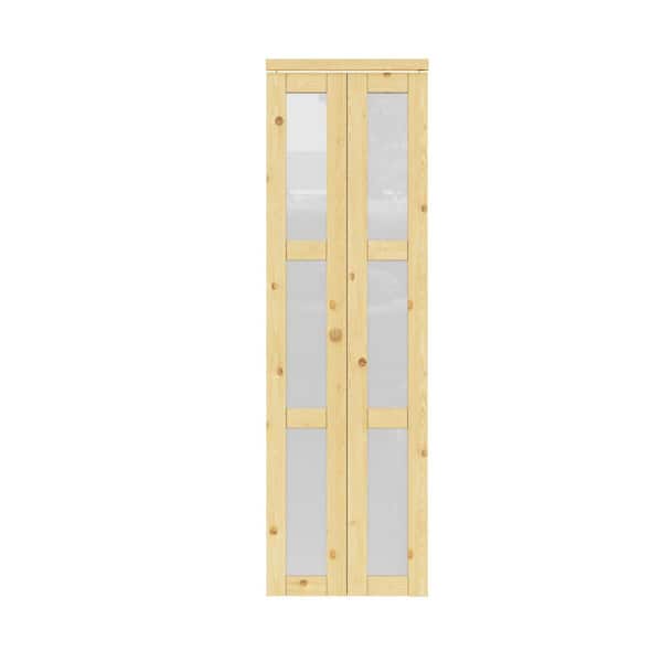 EH PUERTA 24 in. x 80 in. 3-Lite Pine Wood Tempered Frosted Glass and Solid Core Finished MDF Closet Bi-fold Door with Hardware