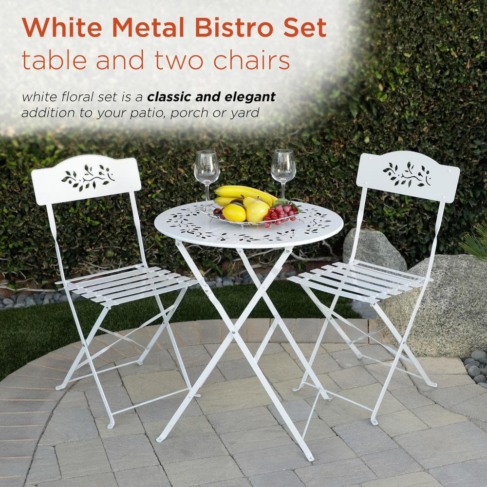 Chic Floral Cut-Out White Steel 3-Piece Patio Bistro Set
