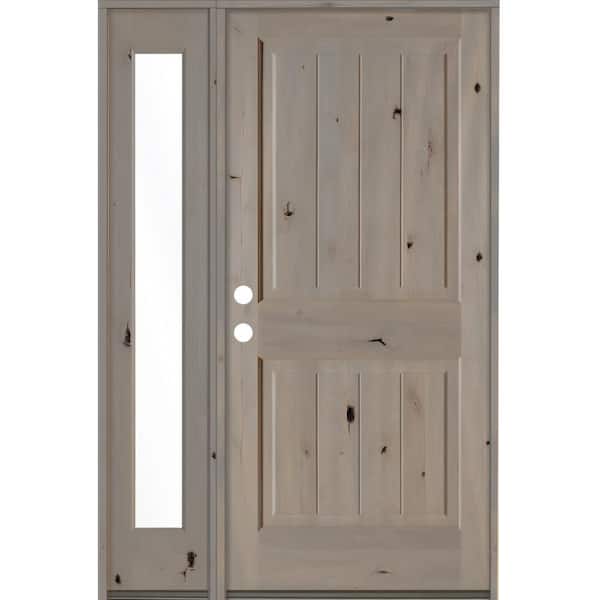 Krosswood Doors 56 in. x 80 in. Rustic Knotty Alder 2 Panel Right-Hand/Inswing Clear Glass Grey Stain Wood Prehung Front Door w/Sidelite