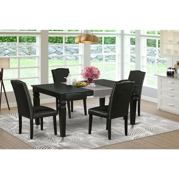 5-Piece Rectangle Black Finish Solid Wood Top Dining Table with 4-Parson Chair with Butterfly Leaf Lattice Back