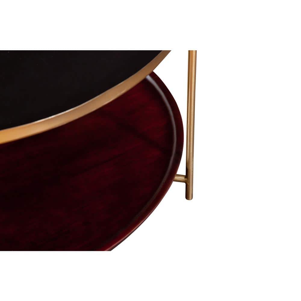 Stevie 36" Black Enamel and Bronze Metal Round Coffee Table with Cherry Wood Shelf