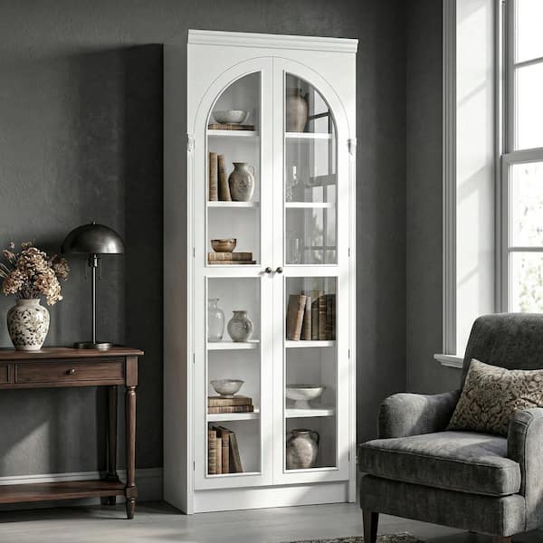 Homsee Pearl Wood 31.5 in. x 86.6 in. Pantry Cabinet with China