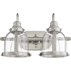 Denny Soft Contemporary, 26 in. Width in. 2-Lights, Satin Nickel Finish, Vanity Light with Seeded Glass Shades.