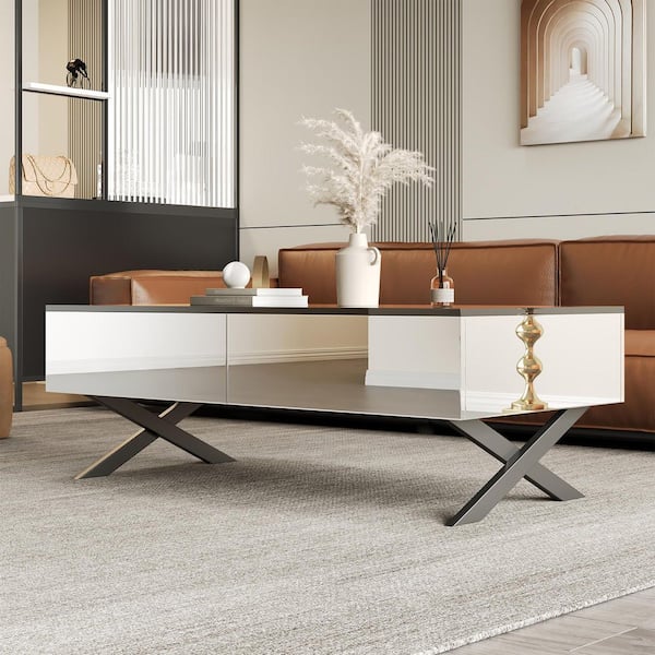 47.3 in. Black Rectangle MDF Wood Coffee Table with 2 drawers, Storage and Metal Base