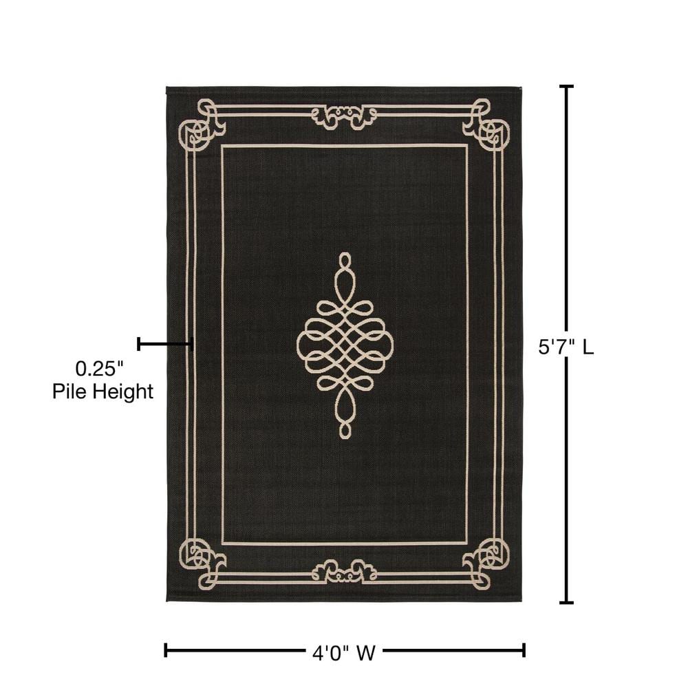 Black and Cream Rectangular Synthetic Indoor/Outdoor Rug