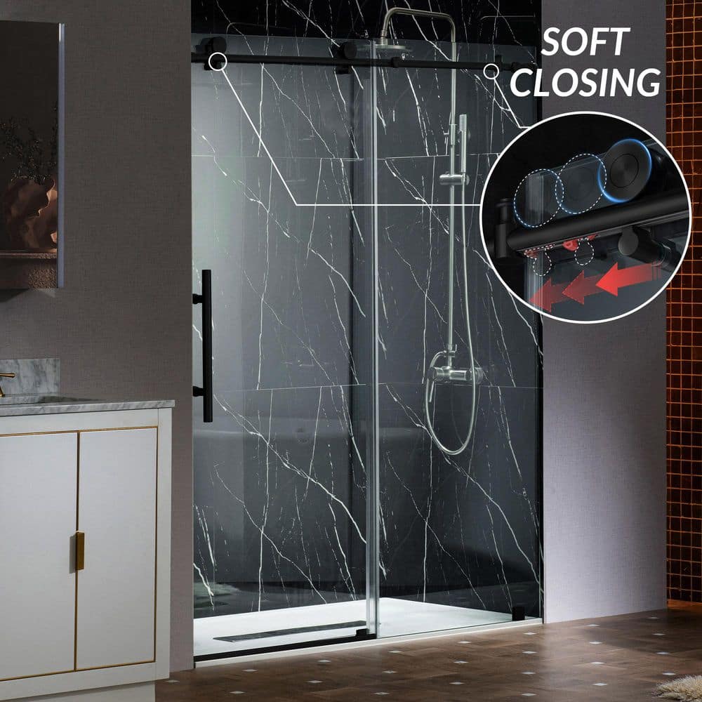 60 in. W x 76 in. H Sliding Frameless Shower Door with Soft Close System and 3/8 in. Clear Glass in Black Finish price history on PriceWatchPro