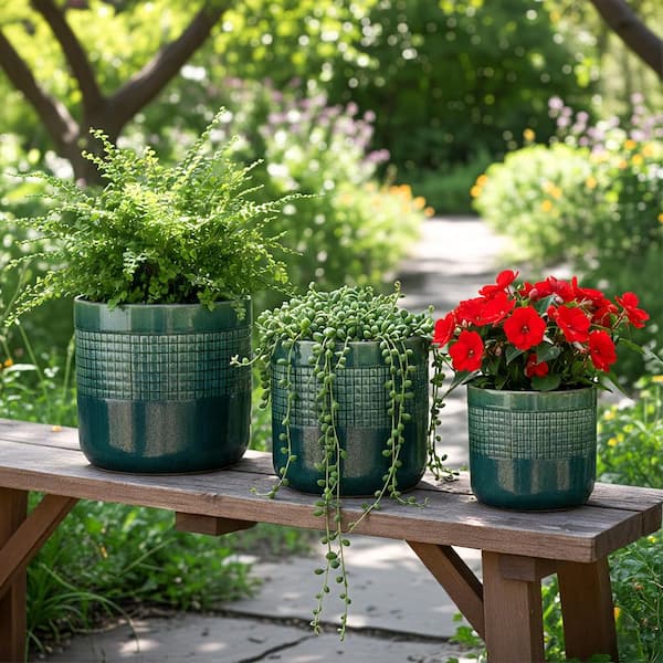 Teal Set of 3 Mixed Size Outdoor Ceramic Plant Pots Stylish Ceramic Planters for Indoor Outdoor Use