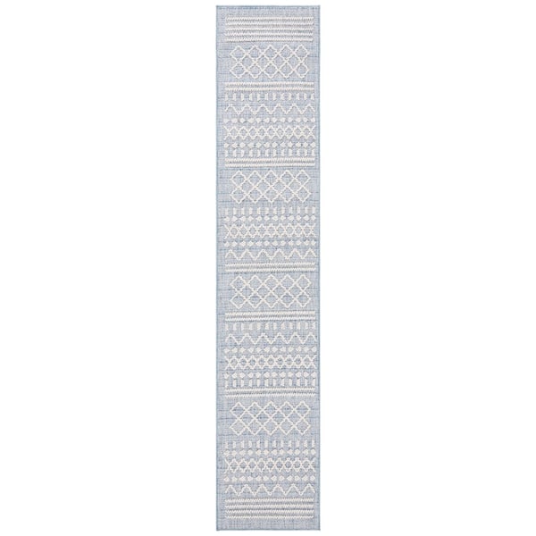 Santorini Blue/Ivory 2 ft. x 10 ft. Geometric Striped Diamond Indoor/Outdoor Runner Rug