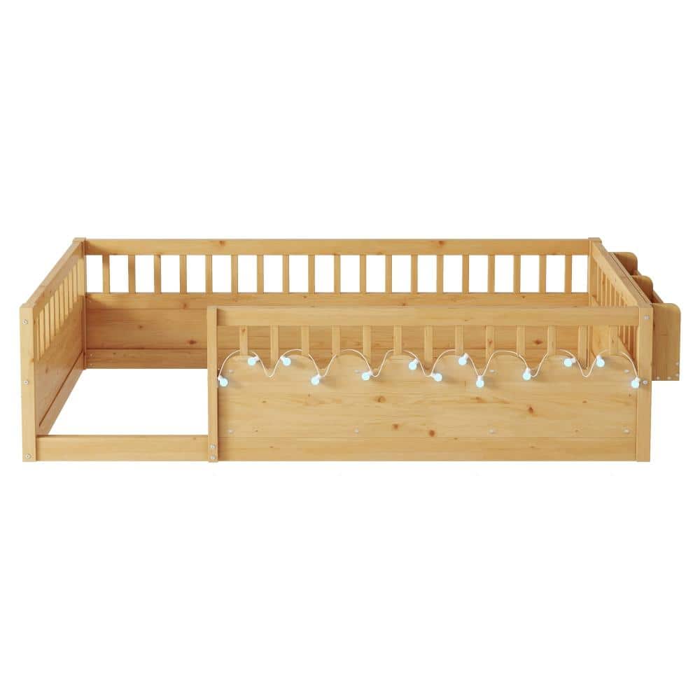 Natural Wood Twin Floor Bed Frame with High Rails, LED Light and Storage Shelf Platform Bed price history on PriceWatchPro