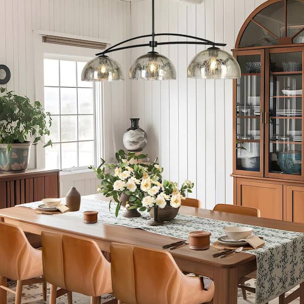 Farmhouse 3-Light Brass Island Pendant Light, Modern Black Pendant Light for Dining Room with Dome Mercury Glass